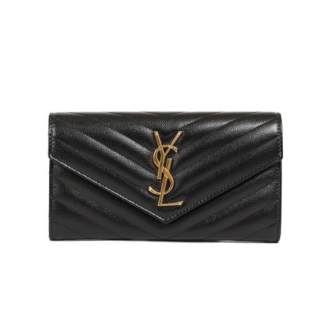 YSL 聖羅蘭 MONOGRAM 魚子醬皮革信封釦式長夾(金字-黑色)