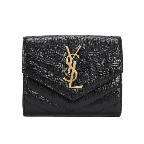 YSL 聖羅蘭 MONOGRAM 魚子醬牛皮金色金屬三摺信封釦式短夾(黑色)