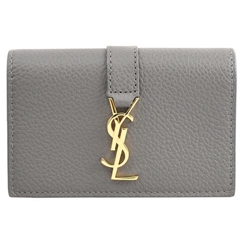 YSL 613334 金屬LOGO荔枝牛皮六孔鑰匙卡片收納包.鐵灰