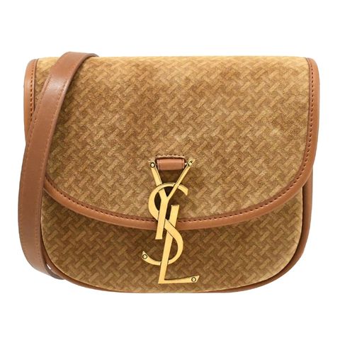 YSL 619740 金屬LOGO編織圖樣絨布翻蓋斜背馬鞍包.駝