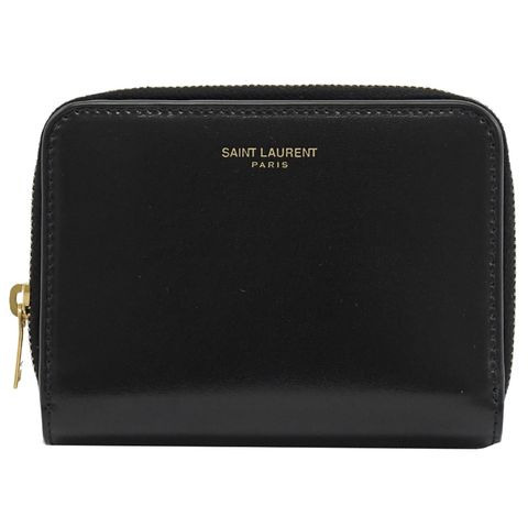 YSL 562796 燙金LOGO牛皮對開釦式零錢短夾.黑