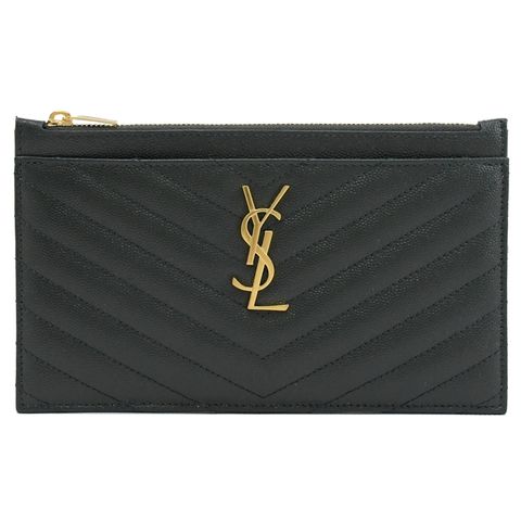 YSL Monogram V字紋小牛皮拉鍊大手拿包.墨綠