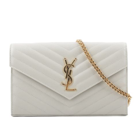 YSL 聖羅蘭 V紋荔枝皮金色LOGO WOC 斜背包(復古白) 377828 BOW01 9207