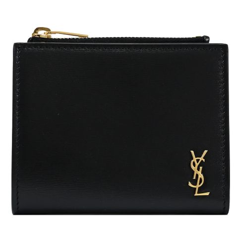 YSL 聖羅蘭 金屬LOGO小牛皮對釦式零錢短夾.黑