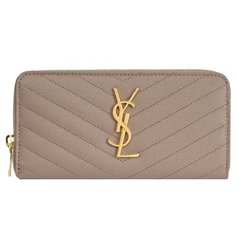 YSL 聖羅蘭 MONOGRAM V字紋牛皮拉鍊式長夾.大象灰