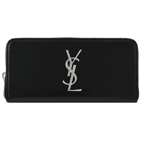 YSL 617415 MONOGRAM 質感小牛皮拉鍊式長夾.黑/銀
