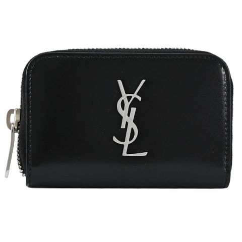 YSL 聖羅蘭 經典LOGO小牛皮三層拉鍊零錢包.黑