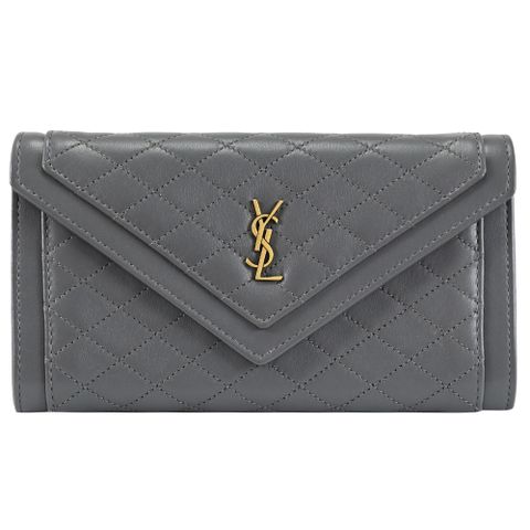 YSL 686694 經典LOGO菱格縫線羊皮信封扣式長夾.深灰