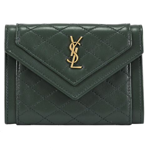 YSL 692052 經典LOGO菱格縫線羊皮扣式卡片零錢包.深綠