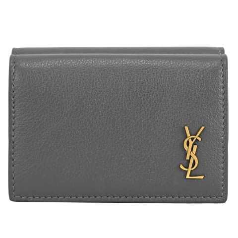 YSL 637420 金屬LOGO小牛皮三折式零錢短夾.深灰