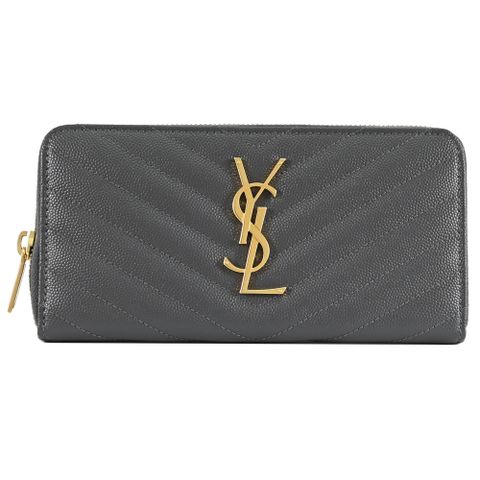 YSL 聖羅蘭 MONOGRAM V字紋牛皮拉鍊式長夾.灰/金