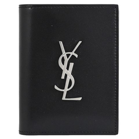 YSL 聖羅蘭 金屬LOGO滑面牛皮窄版對開4卡短夾.黑/銀