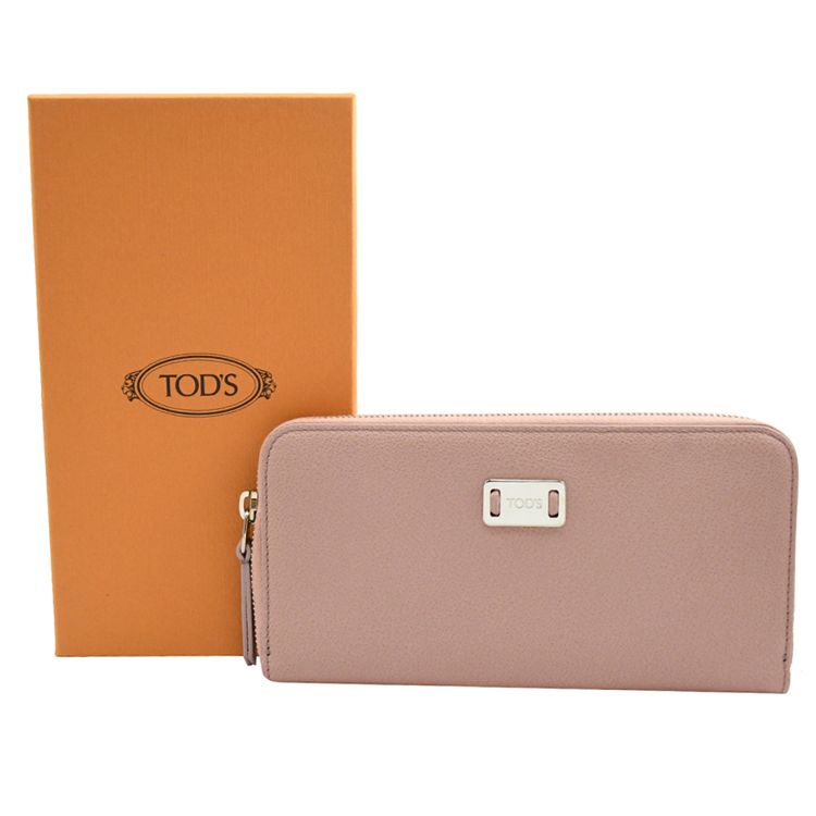 TOD'S TODS Leather Zip 金屬LOGO防刮牛皮拉鍊長夾.藕粉色