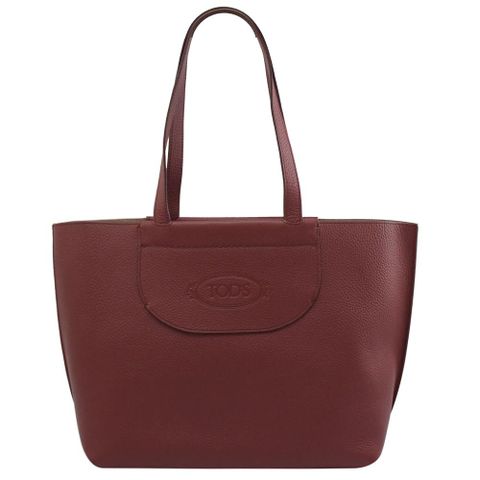 TOD'S TODS 烙印LOGO素面牛皮肩背托特包.深紅