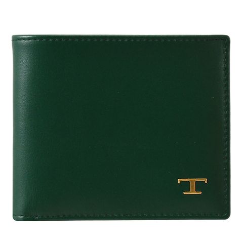 TODS 復古金屬T LOGO小牛皮對開八卡短夾.森林綠