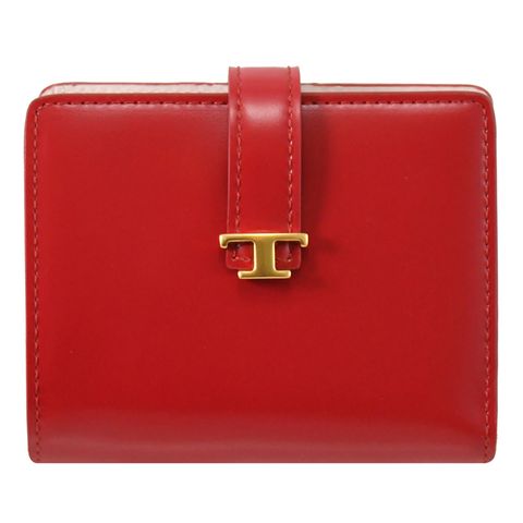 TOD'S TODS T Timeless 金屬LOGO小牛皮對開釦式短夾.亮紅