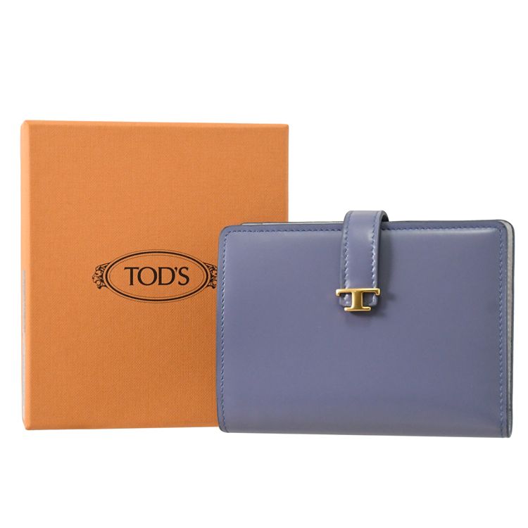 TOD'S TODS T Timeless 金屬LOGO小牛皮對開釦式中夾.迷霧藍