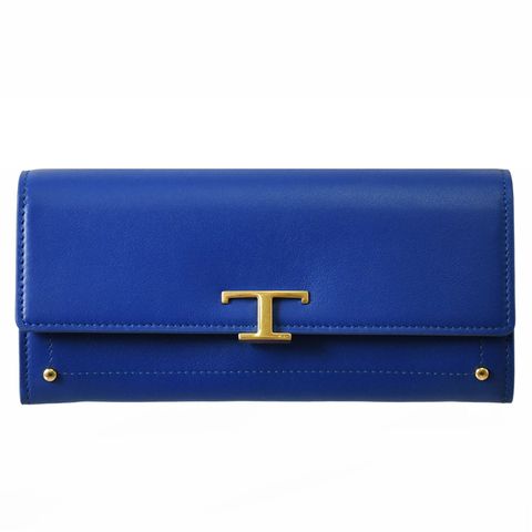 TODS T Timeless 金屬LOGO牛皮翻蓋釦式長夾.寶藍