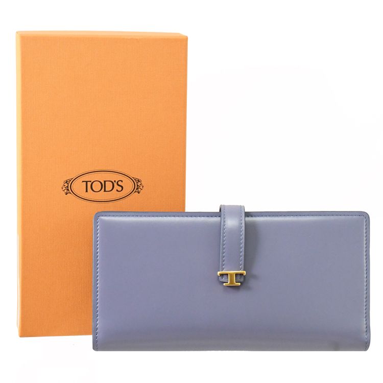 TOD'S TODS T Timeless 金屬LOGO小牛皮對開釦式長夾.迷霧藍