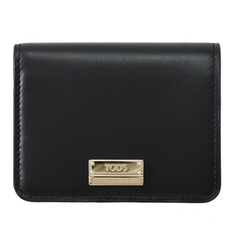 TODS 金屬LOGO滑面牛皮對開釦式短夾.黑