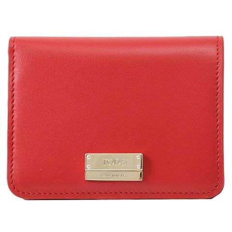 TODS 金屬LOGO滑面牛皮對開釦式短夾.紅
