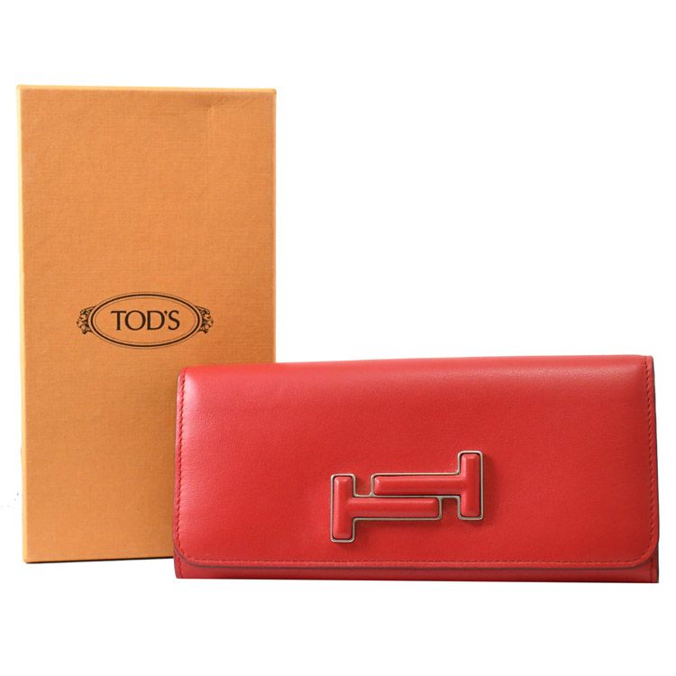 TOD'S TODS DOUBLE T金屬LOGO小牛皮翻蓋釦式長夾.紅