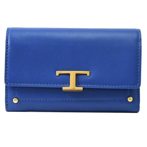 TODS T Timeless 金屬LOGO牛皮翻蓋釦式中夾.寶藍