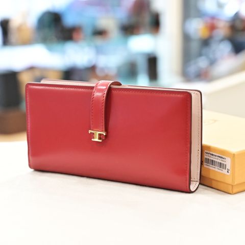 TODS T Timeless 金屬LOGO小牛皮對開釦式長夾.亮紅