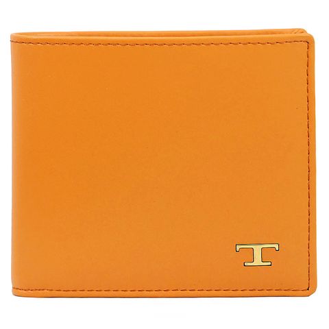 TODS 復古金屬T LOGO小牛皮對開八卡短夾.淺橘