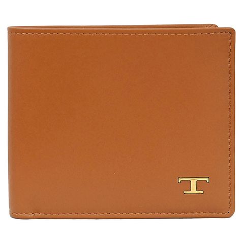 TODS 復古金屬T LOGO小牛皮對開八卡短夾.焦糖棕