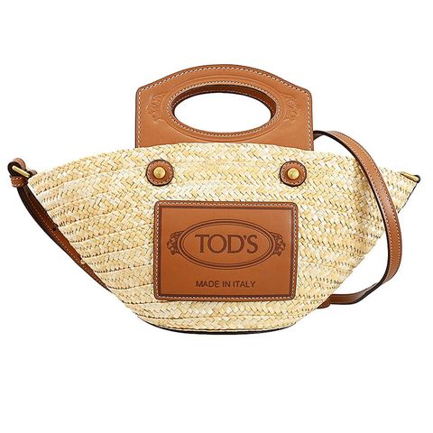 TOD'S TODS 烙印徽章LOGO手提斜背兩用草編包.咖邊