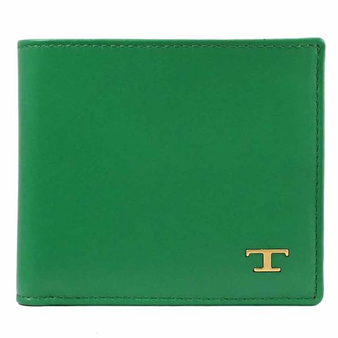 TODS 復古金屬T LOGO小牛皮對開八卡短夾.亮綠