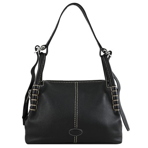 TODS 烙印LOGO小牛皮手提肩背拉鍊兩用包.黑