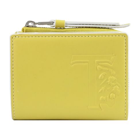 TODS 品牌LOGO烙印牛皮對開釦式零錢短夾.檸檬黃