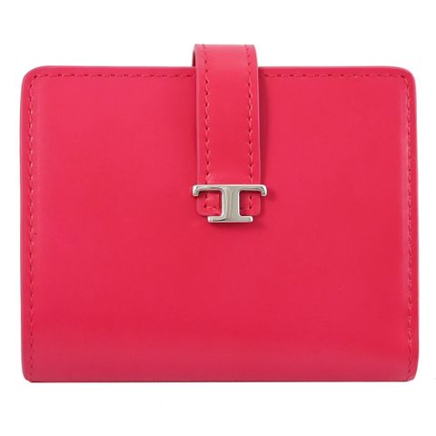 TODS T Timeless 金屬LOGO小牛皮對開釦式短夾.亮桃色