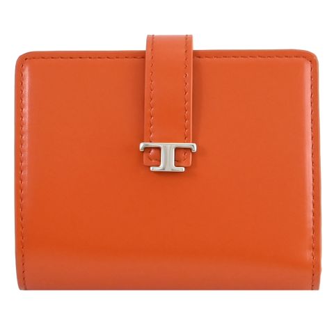 TODS T Timeless 金屬LOGO小牛皮對開釦式短夾.橘/黑
