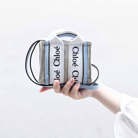 CHLOE Woody Nano 經典LOGO織帶帆布超迷你兩用包.米/藍