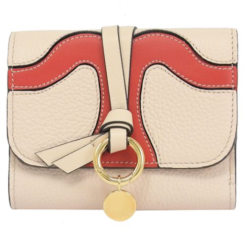 CHLOE 金屬LOGO撞色拼接小牛皮三折零錢短夾.紅/膚色