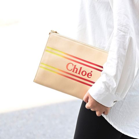 CHLOE 漸層燙印LOGO小牛皮大手拿包.米
