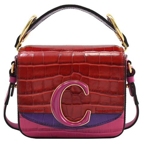 CHLOE 新款 金屬C Mini鱷魚紋手提單肩方包.紅/紫