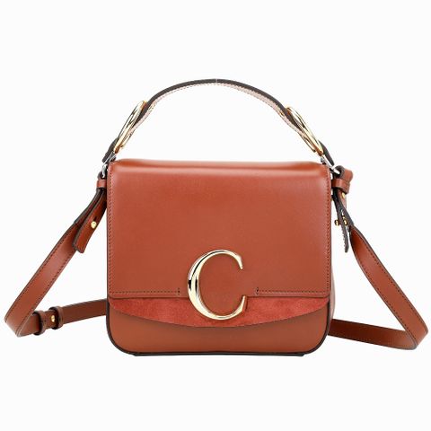 CHLOE C Bag 小款 麂皮拼接小牛皮手提/側背包(紅棕色)