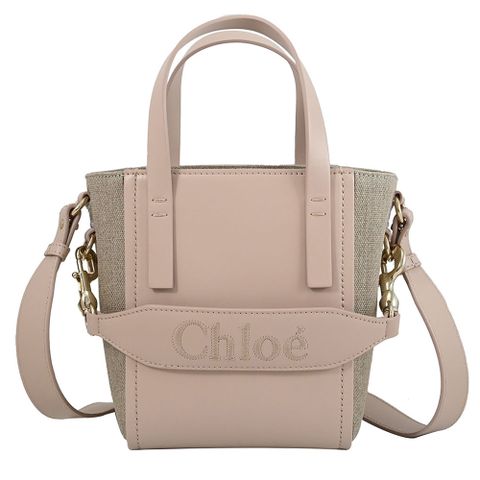 CHLOE SENSE 電繡LOGO帆布拼接小牛皮兩用包.粉邊