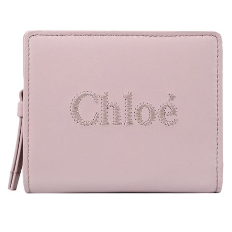 CHLOE SENSE 電繡LOGO小牛皮對開零錢短夾.淡紫