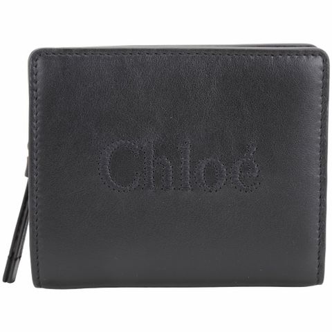 CHLOE Sense 字母刺繡徽標小牛皮短夾(黑色)