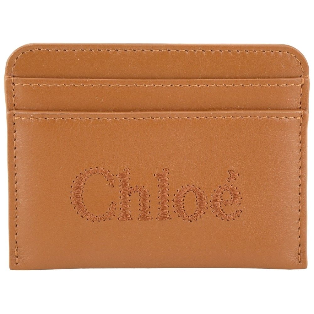 CHLOE 蔻依 Sense 字母刺繡徽標小牛皮卡片夾(棕色)