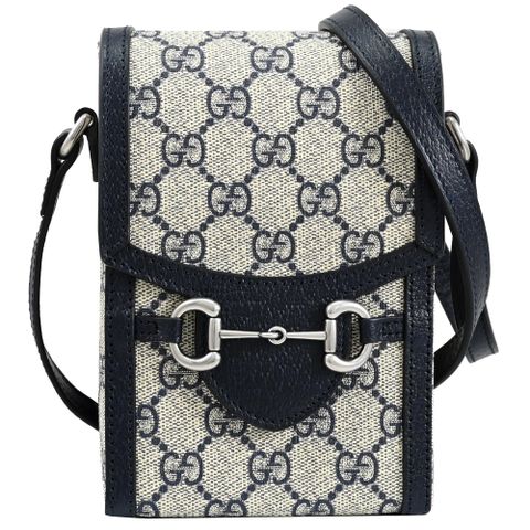 GUCCI 625615 Horsebit 1955經典印花斜背手機包.深藍