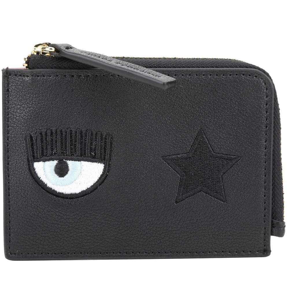 Chiara Ferragni  Eye Star 眨眼星星刺繡荔紋皮卡片夾/零錢包(黑x粉色)