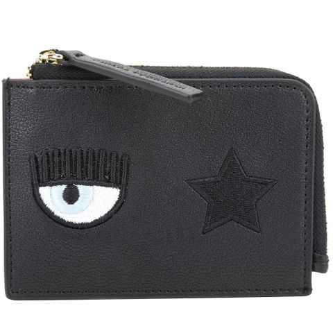 Chiara Ferragni Eye Star 眨眼星星刺繡荔紋皮卡片夾/零錢包(黑x粉色)