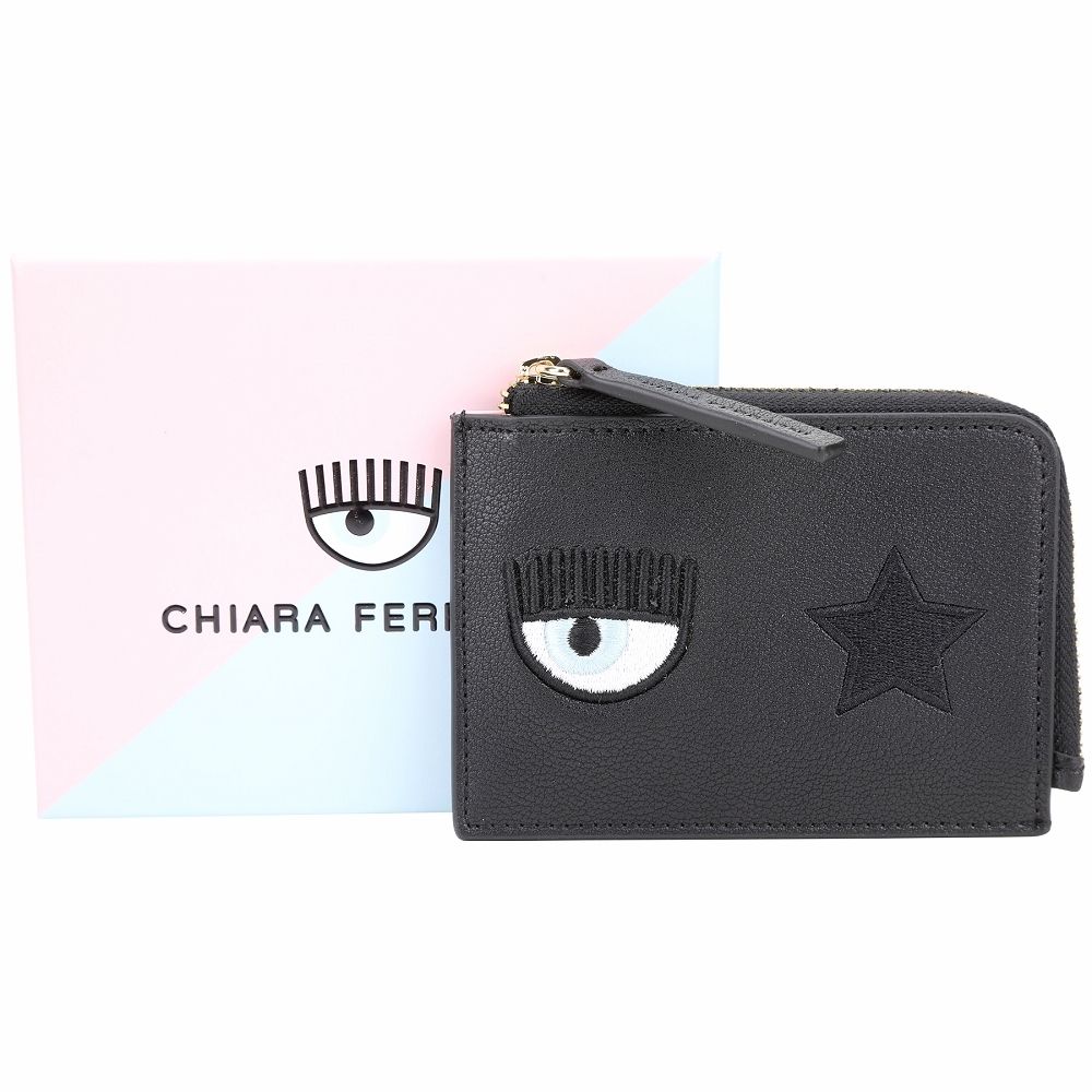 Chiara Ferragni  Eye Star 眨眼星星刺繡荔紋皮卡片夾/零錢包(黑x粉色)