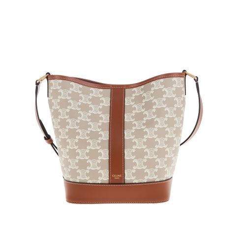 CELINE 新款標誌印花牛皮革邊小型BUCKET CUIR TRIOMPHE斜背包 (米棕色)